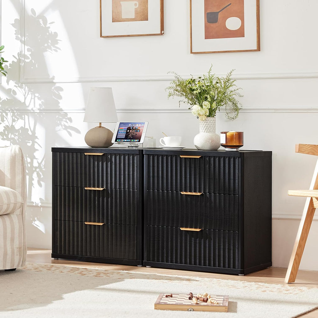 LEYAOYAO 42' Tall Fluted Dresser and 3 Drawers 23' Nightstand Set of 2, Wooden Dresser & Night Stand with Charging Station, 3 Piece Bedroom Furniture Set, Wood Chest of Drawer for Living Room,Black