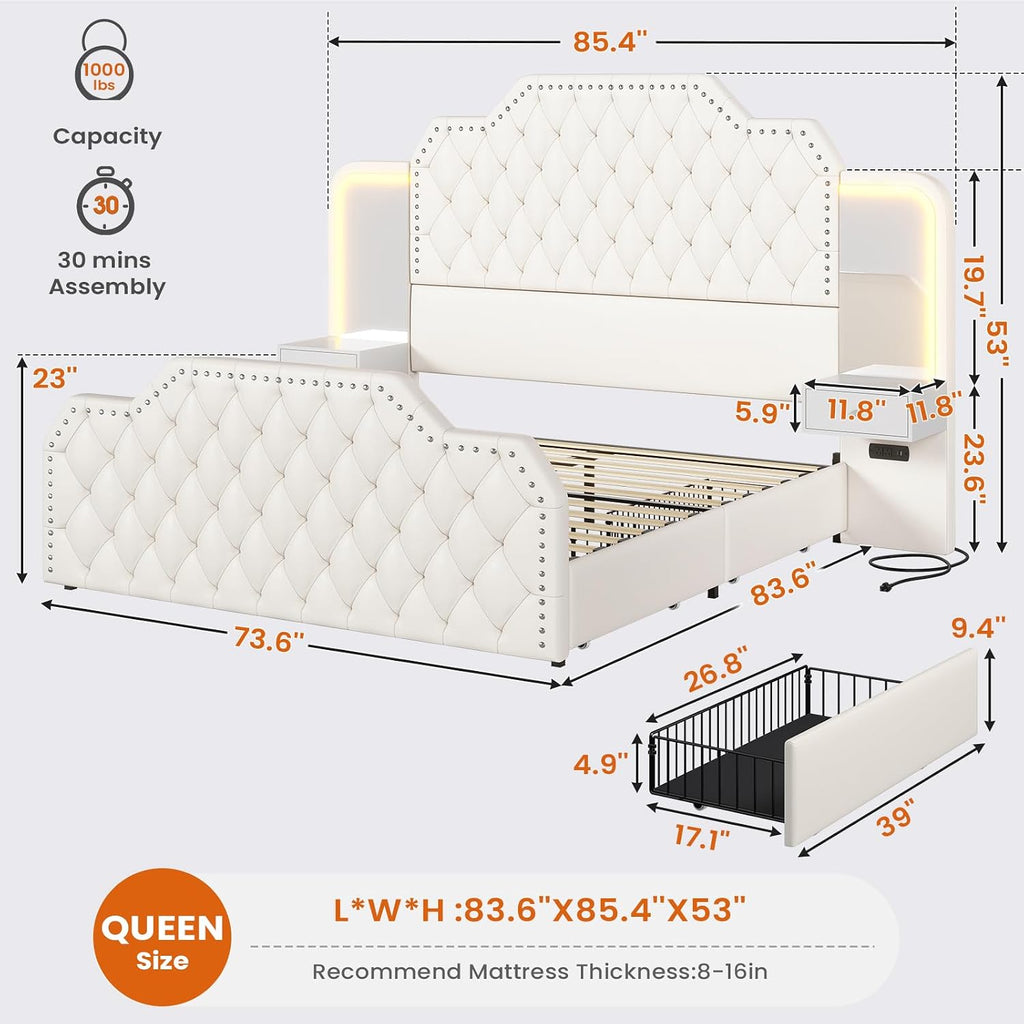 Itaar Queen Bed Frame with 53' Tall Headboard and 4 Storage Drawers, PU Leather Upholstered Platform Bed Frame, Built in Charging Station & Led, 2 Nightstands with Mirror, White