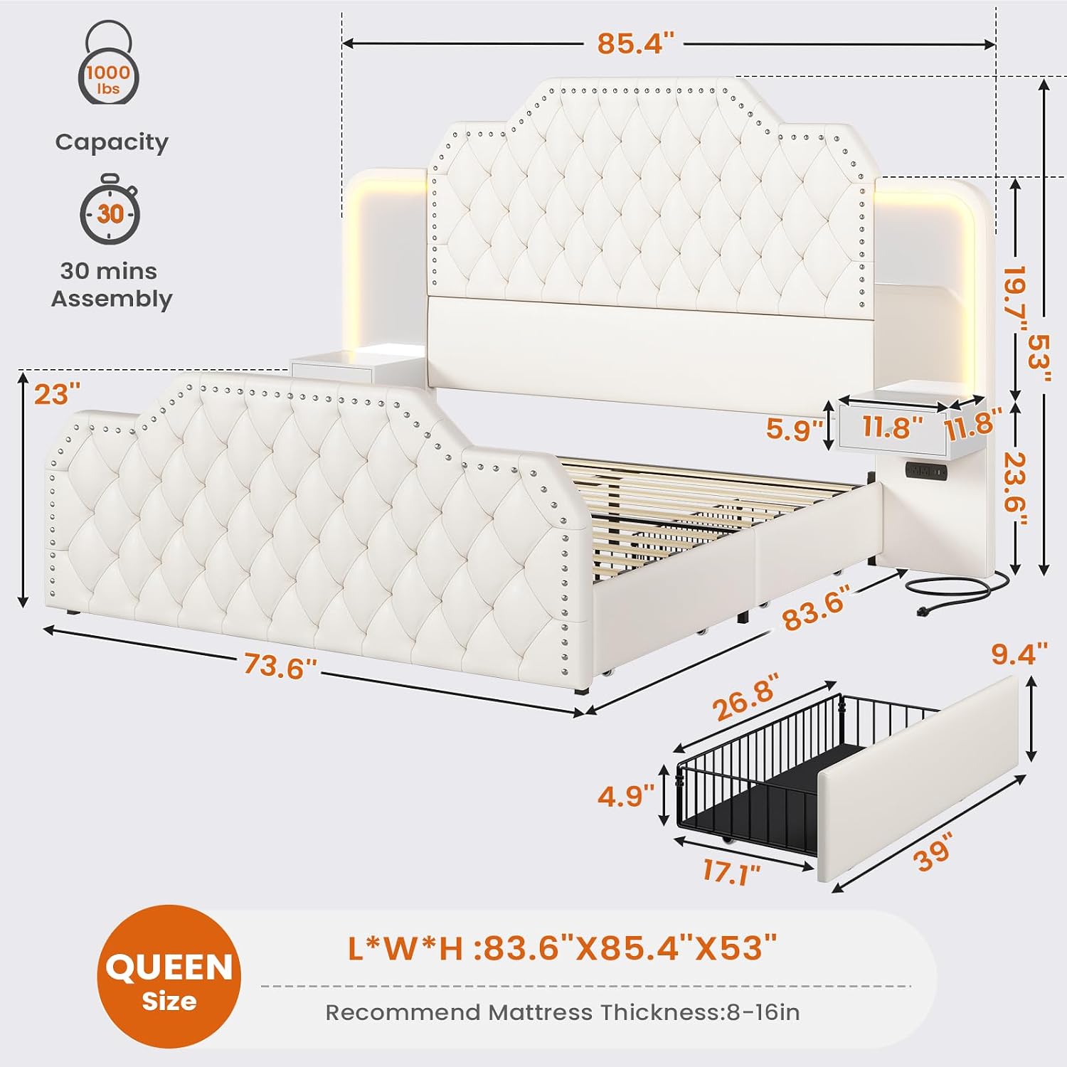 Itaar Queen Bed Frame with 53' Tall Headboard and 4 Storage Drawers, PU Leather Upholstered Platform Bed Frame, Built in Charging Station & Led, 2 Nightstands with Mirror, White