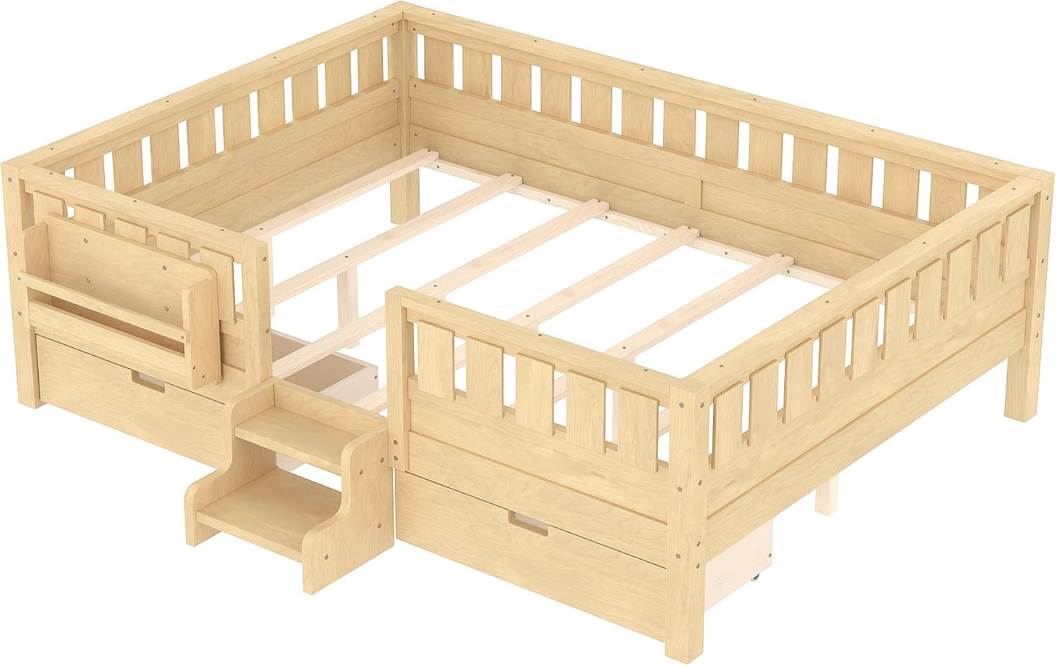Bellemave Queen Size Bed with Slats and Stairs, Queen Size Platform Bed Frame with Fence, Bookshelf and Storage Drawers, Easy Assemble Beds for Girls, Boys, Light Natural