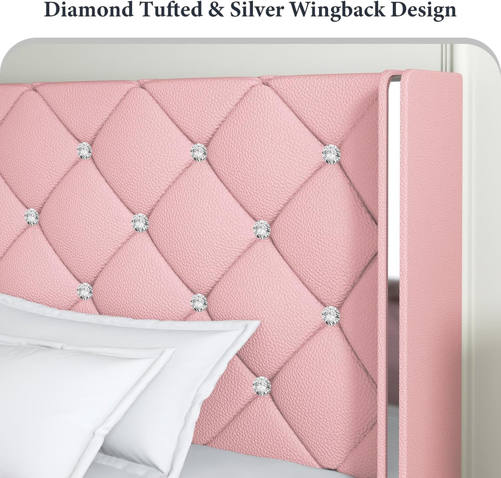 Lullabyre King Size Bed Frame, Upholstered Bed Frame with Diamond Tufted Headboard, Modern Silverside Wingback, No Box Spring Needed, Easy Assembly, Pink