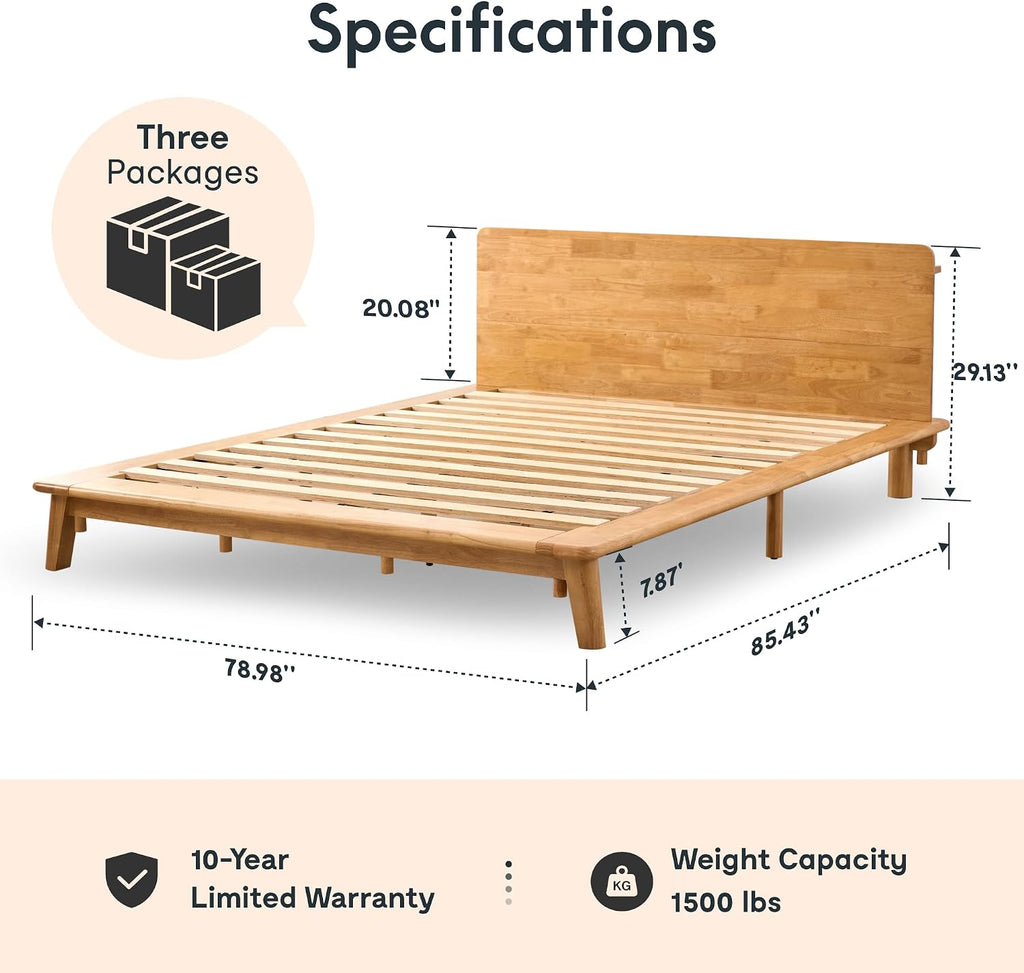 FLEXISPOT Hako G1 1500Ibs Solid Wood Platform Bed Frame King,Rubberwood,Tool-Free Fast Assembly,Low Profile Floating,Storage Shelf&Charging Station,Modern Scandinavian Japanese Minimalist, Natural Oak
