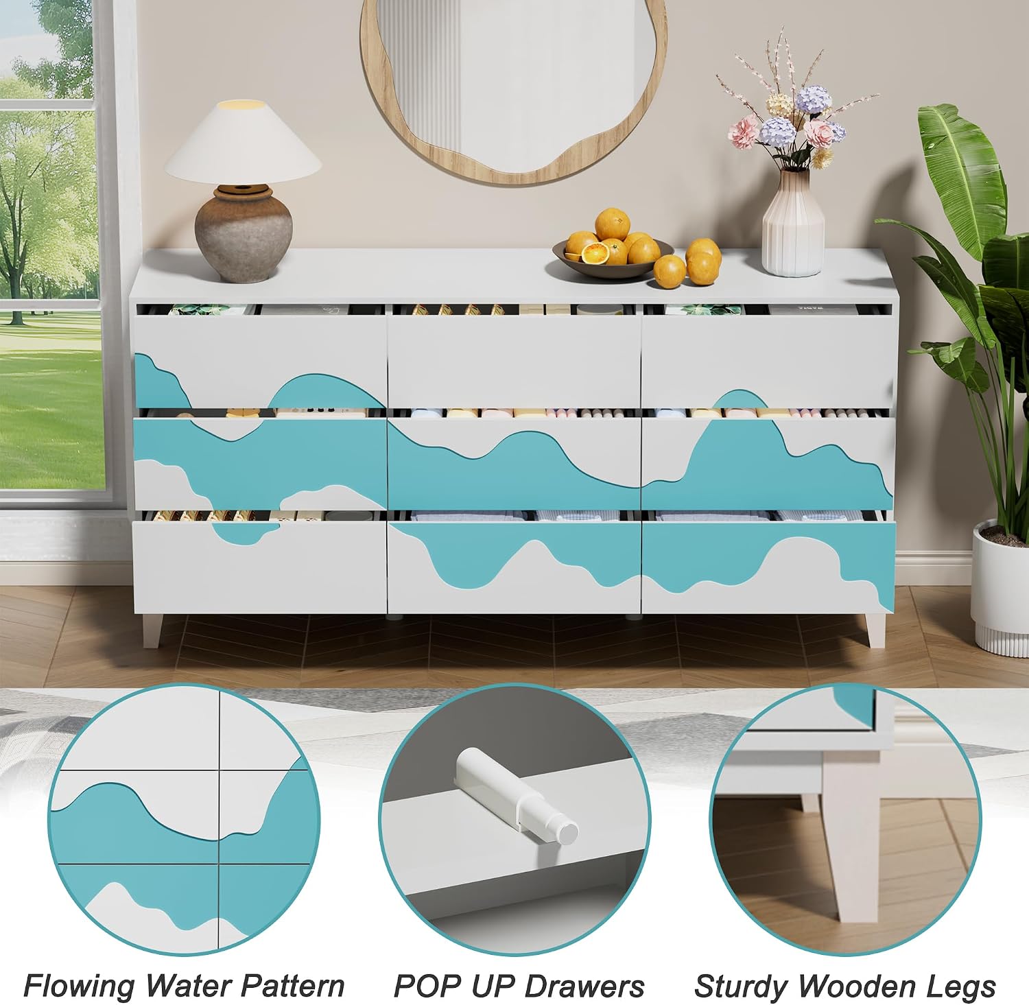 UEV 9-Drawer Dresser & 2 Nightstands Set - 3 Piece Modern Bedroom Furniture Set, 63' Wide Wooden Chest of Drawers with Flowing Water Pattern,2-Drawer Night Stands for Bedroom (White/Blue