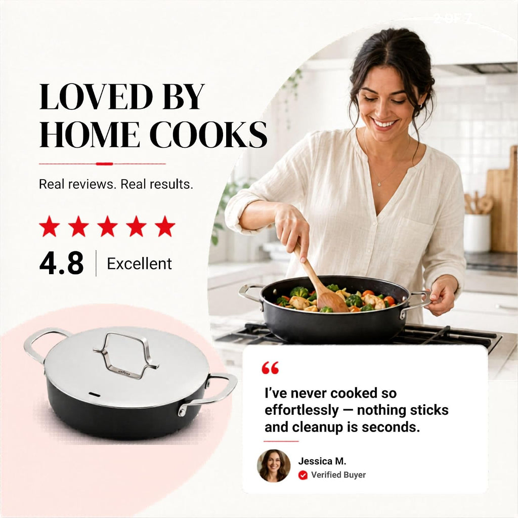 Alva Maestro 3.5 Qt Nonstick Ceramic Saute Pan with Lid, Non Stick Pan with Lid, Saute Pan Nonstick, Large Skillet with Lid, PFAS Free, Induction Compatible, Oven Safe Cooking Pan