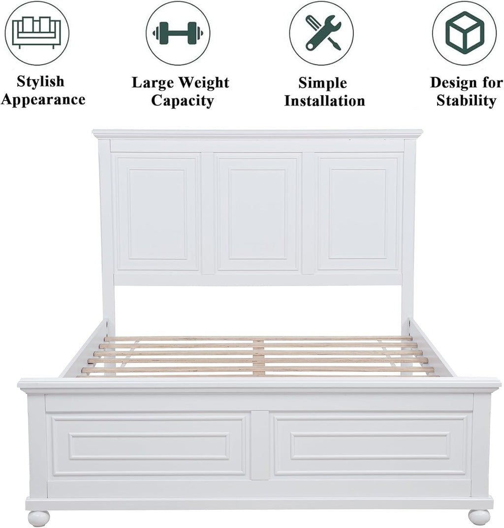 Wood Bed Frame Queen with Tall Headboard & Footboard, Traditional Queen Panel Bed with USB Charging Station for Bedroom, Guest Room, Easy Assembly, No Box Spring Required,White
