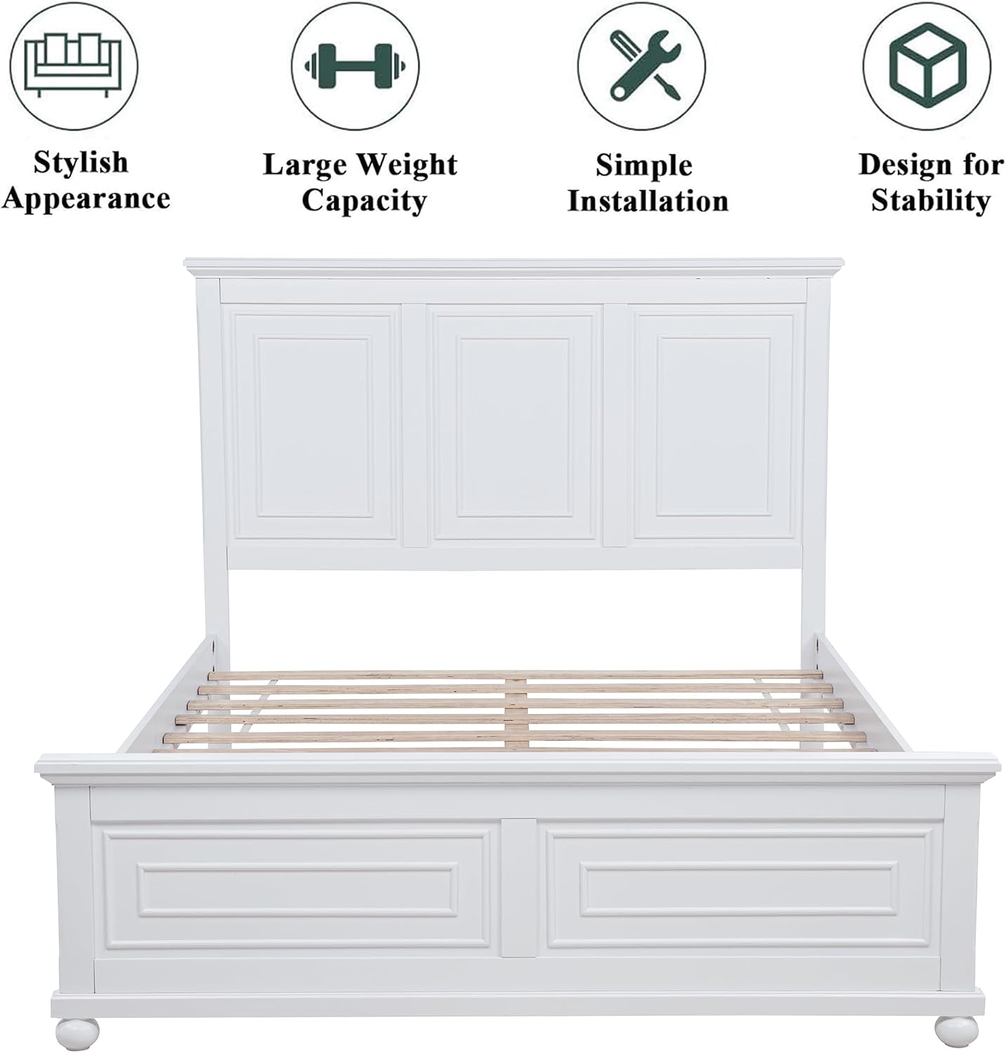 Wood Bed Frame Queen with Tall Headboard & Footboard, Traditional Queen Panel Bed with USB Charging Station for Bedroom, Guest Room, Easy Assembly, No Box Spring Required,White
