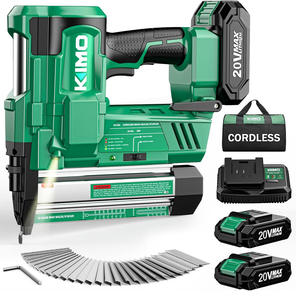 KIMO 2' Brad Nailer Cordless 18 Gauge w/ 20V Battery 2.0Ah X 2, 1000pcs Nails and Staples,180 Nails/min, 2 Firing Modes, Adjustable Nailing Depth, 2 in 1 Cordless Nail Gun and Stapler for DIY Project