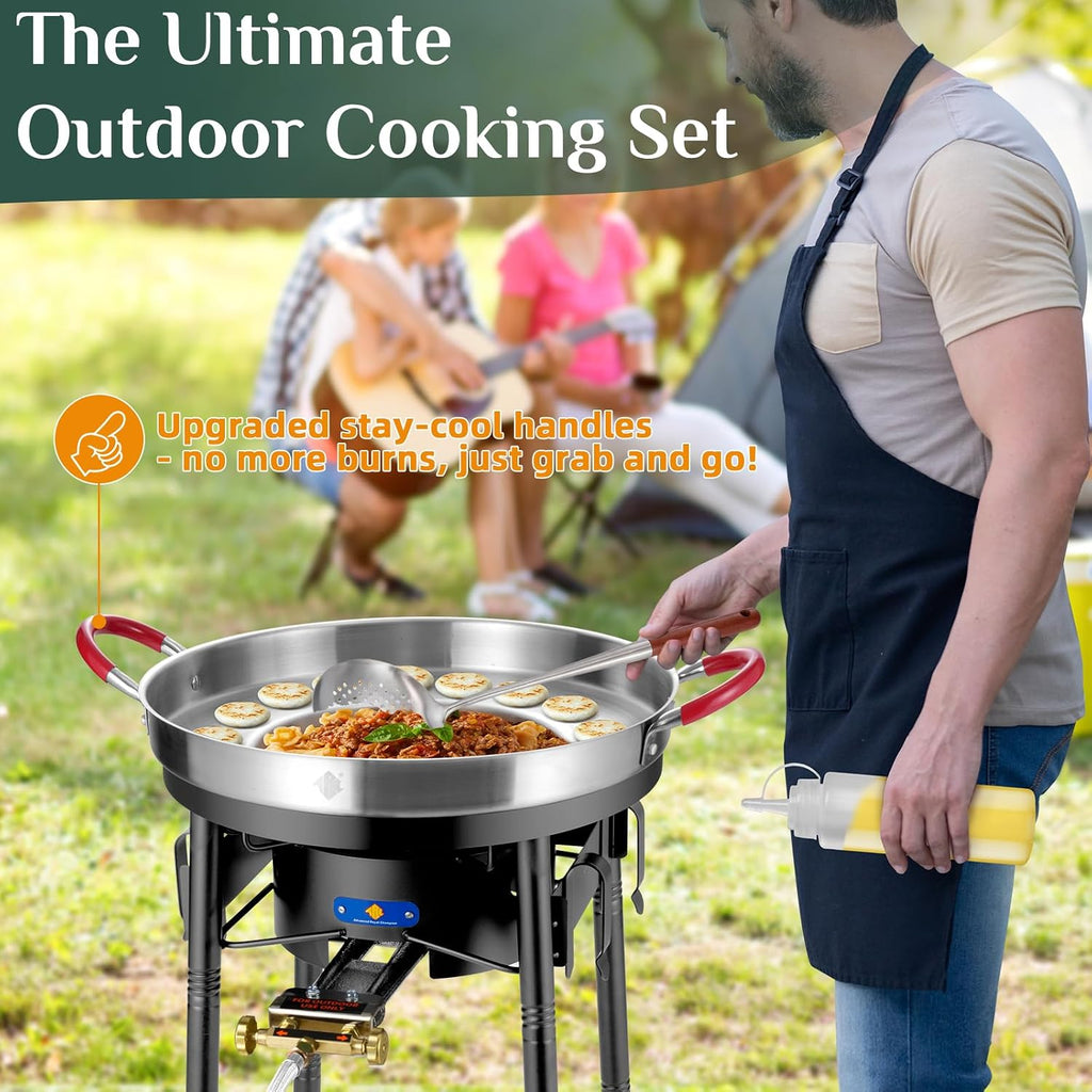 23' Concave Comal w/100,000BTU Propane Grill Burner Set, Discada disc Outdoor Cooker, Stainless Steel Griddle Fryer Cookware Set, Disco Para Cocinar, Tacos Stir Fry Wok, Paella Burner and Stand Set