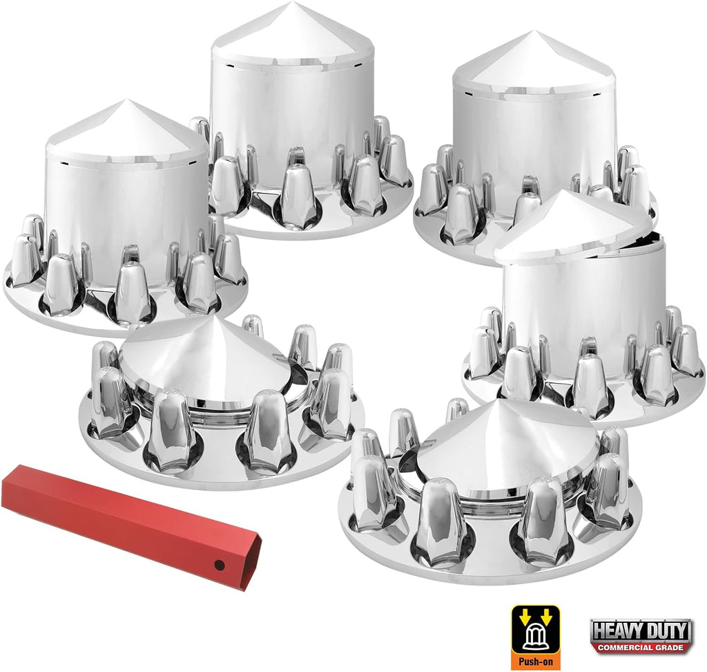 GG Grand General 40233 Chrome Plastic Complete ABS Axle Set (2 Front & 4 Rear) w/Cone Style Hub Caps and Push-On 33mm Lug Nut Covers for Trucks, 4 Pack, '33mm x 3'''