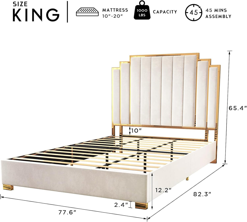 HOWE King Size Bed Frame and 65' Headboard, Upholstered Bed with Golden Plating Trim, Modern Platform Bed No Box Spring Needed, Cream