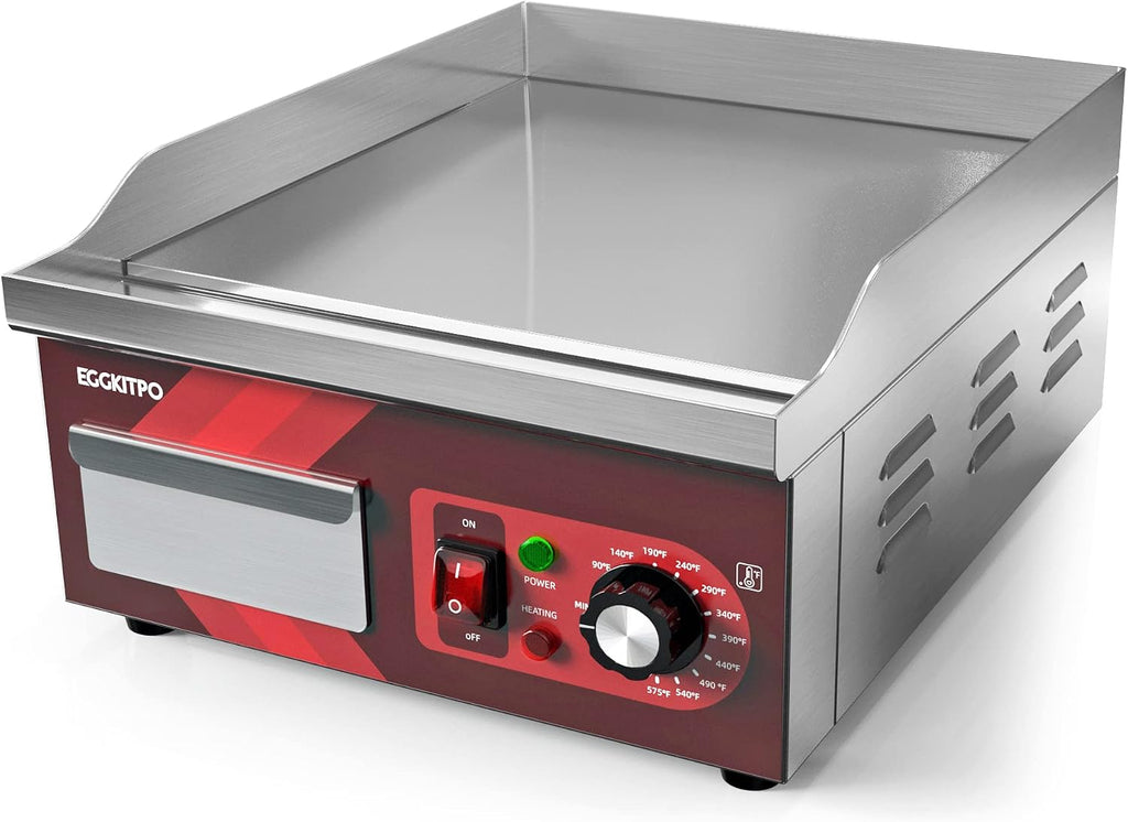 EGGKITPO 14 Inch Electric Griddle 120V 1800W, Non-Stick Flat Top Grill Commercial Electric Countertop Griddles Stainless Steel Adjustable Temperature Control 90℉-575℉ for Home or Restaurant Use