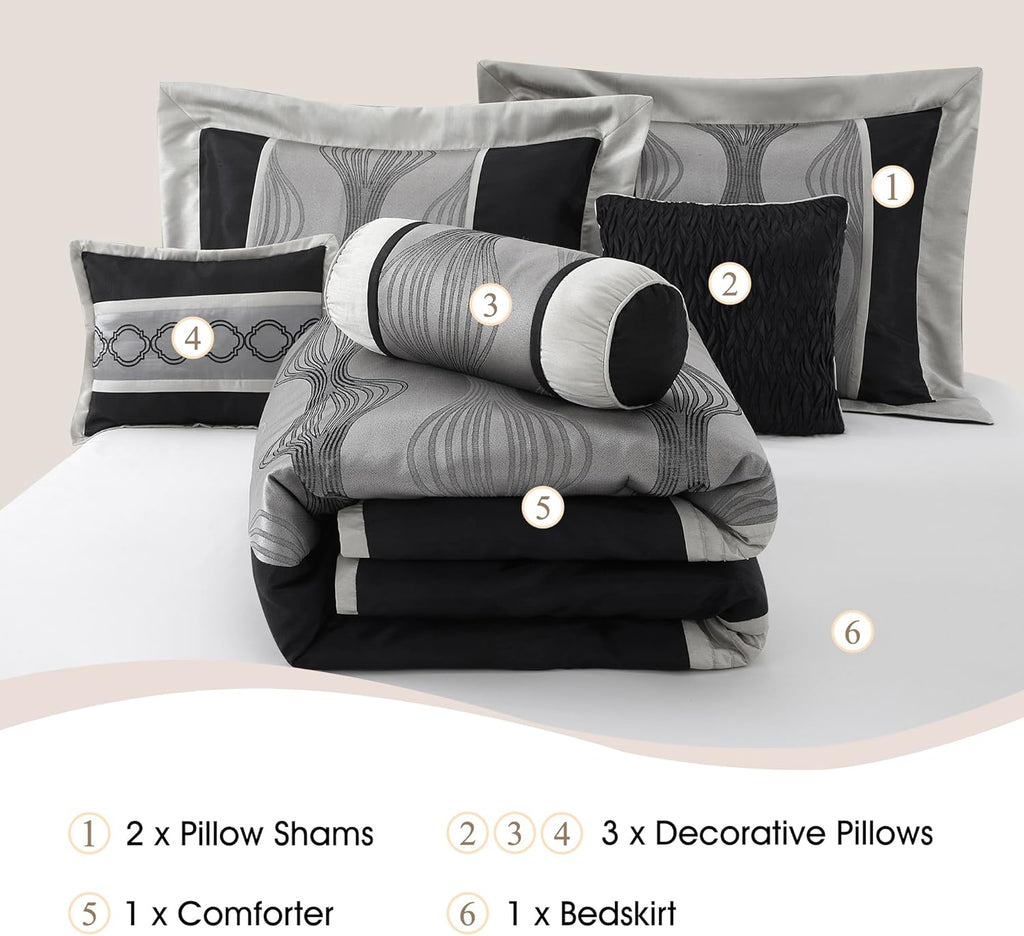 Stratford Park Elegant Black and Silver Comforter Set King Size, 7 Pieces Bedding & Collection, Jacquard All Season Comforter & Pillows, Ultra-Soft Microfiber