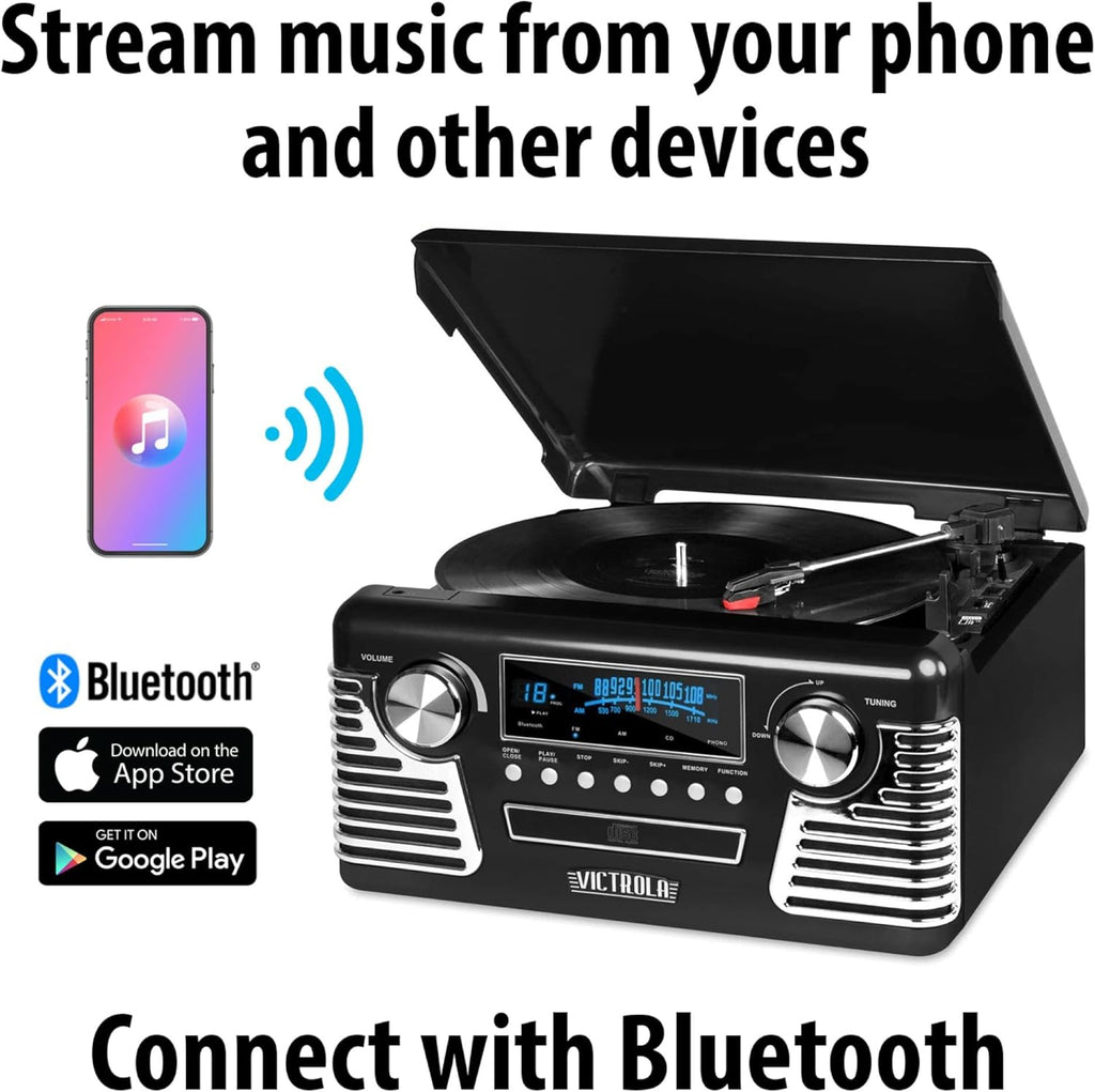 Victrola Haley Retro Bluetooth Record Player & Multimedia Center with Built-in Speakers - 3-Speed Turntable, CD Player, AM/FM Radio, 3.5mm Aux-In, Wireless Music Streaming, Black