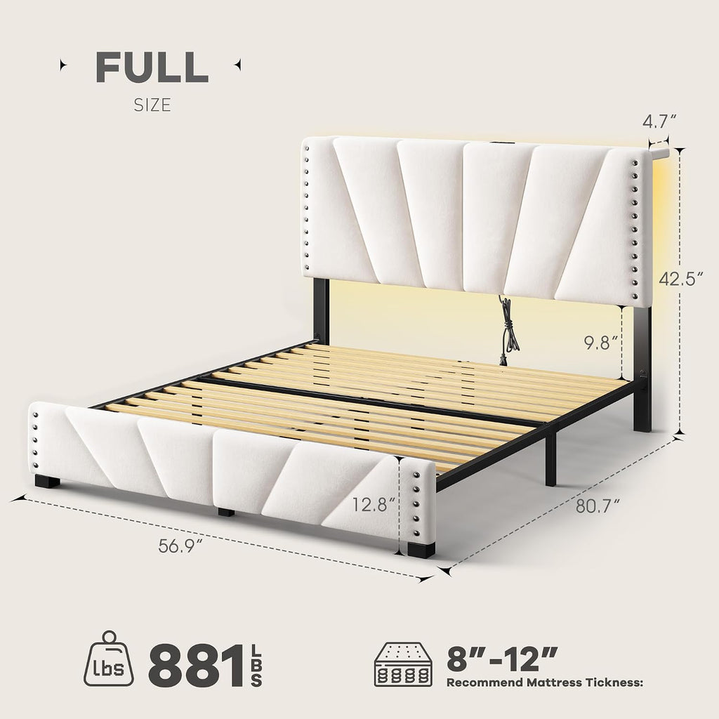 EnHomee Full Size Bed Frame with Velvet Upholstered Adjustable Headboard, LED Lights, and Charging Station for Bedroom, Apartment, and Dorm, No Box Spring Needed, Noise-Free, Easy Assembly, Beige