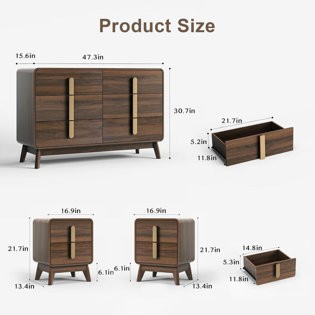 JOINICE Mid Century Modern Bedroom Set, 6 Drawer Dresser and Nightstand Sets for Bedroom, Night Stand Set 2 & 6 Drawer Dresser with Gold Handles, Wood Chest of Drawers Storage Cabinet Set, Walnut