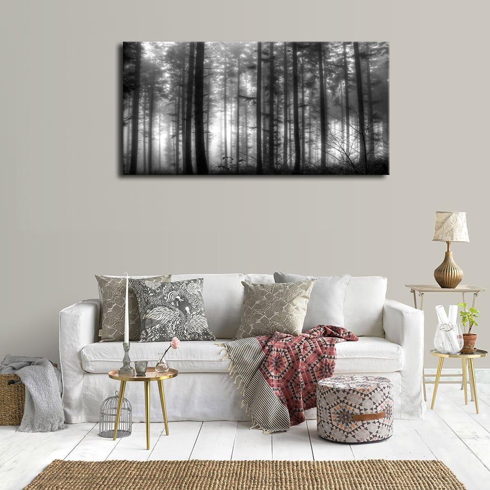 Foggy Forest Wall Art Living Room Wall Decor Black and White Woods Large Canvas Picture Modern Landscape Artwork Big Trees Contemporary Nature Pictures for Living Room Bedroom Home Office Kitchen Wall Decor 29' x 58'
