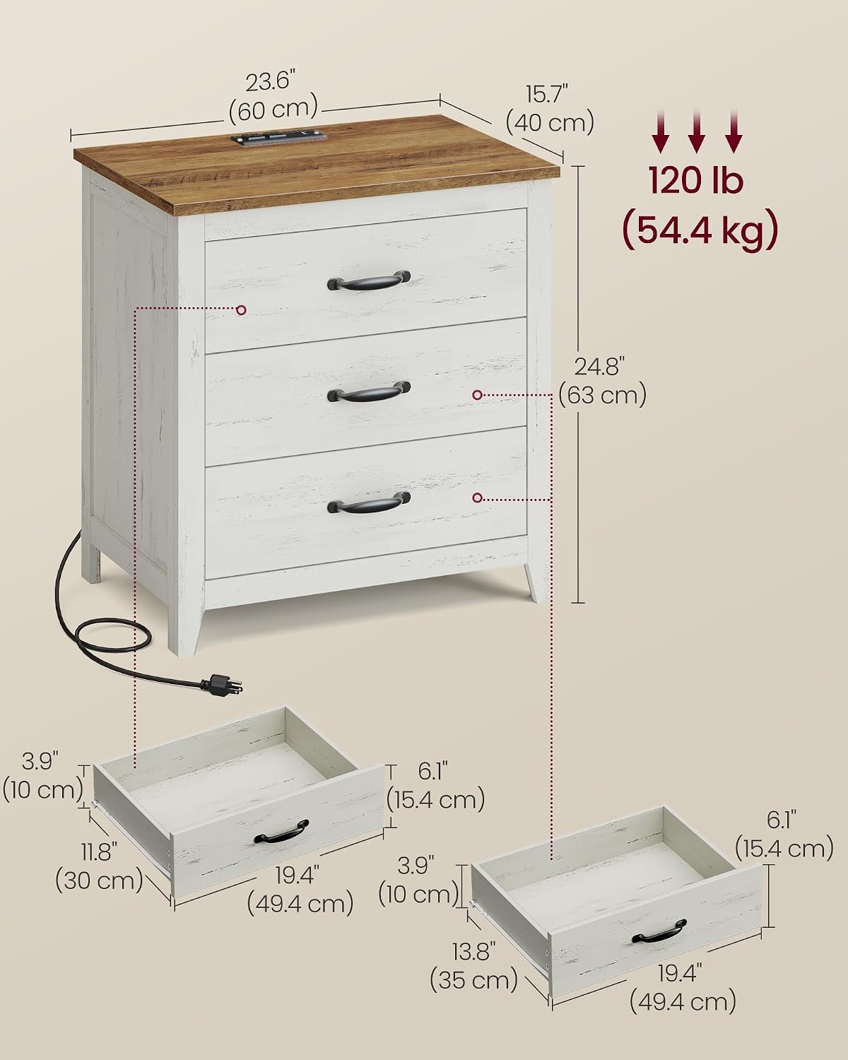 VASAGLE LIRY Collection - Farmhouse Nightstand with Charging Station, Set of 2, Bedside Tables, Side End Tables with 3 Drawers, for Bedroom, Rustic White and Honey Brown ULET979W01
