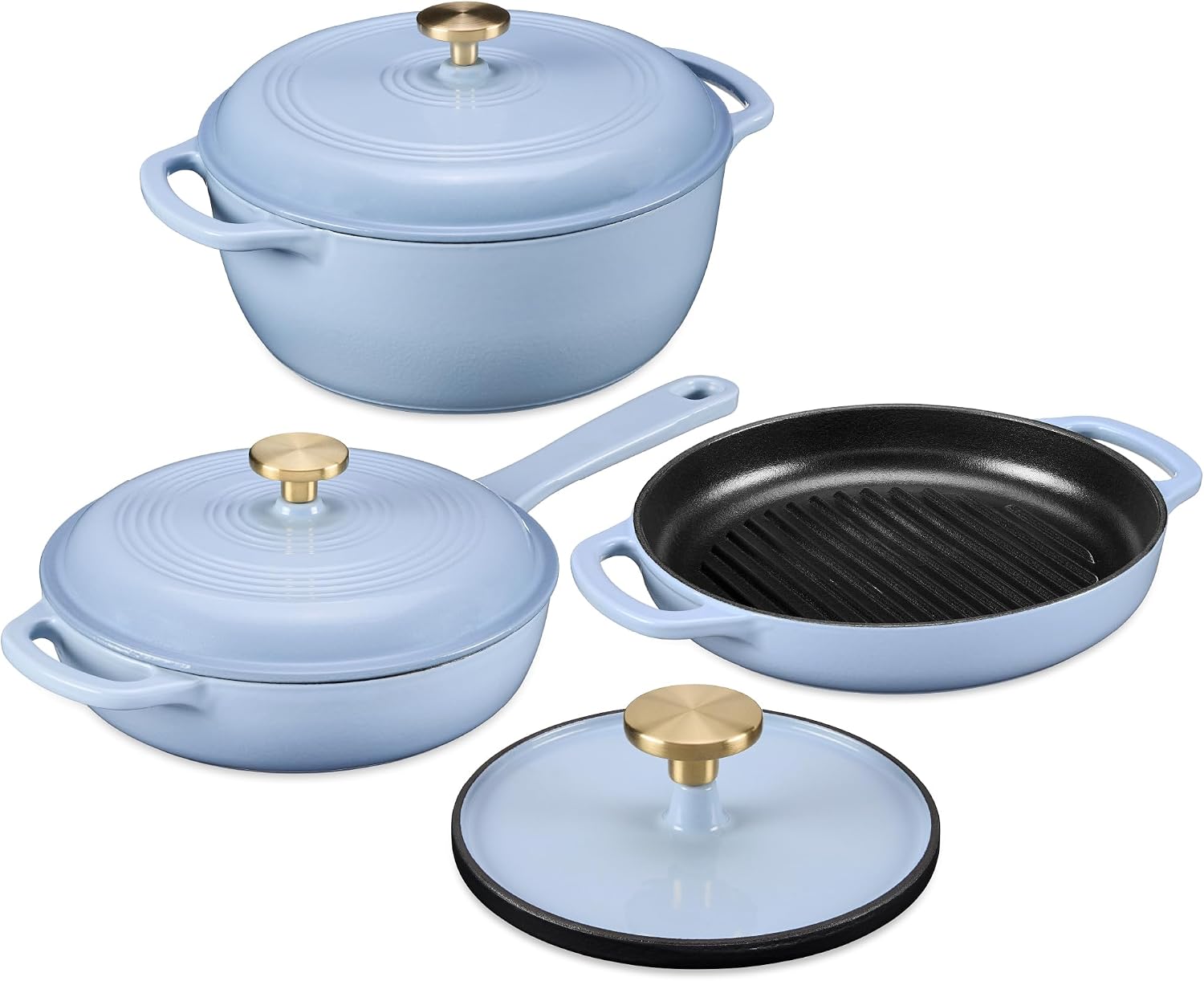 Best Choice Products Non-Stick Pot & Pan Cookware Set, Cast Iron, 2Qt Skillet W/Lid, 10' Grill Or Griddle Pan W/Press, 6Qt Enameled Dutch Oven, Non-toxic, For Cooking & Grilling - Cornflower