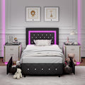 BarnFurin Twin Bed Frames with LED Lights and Storage Drawers, Upholstered Bed Frame with Diamond Headboard, Faux Leather Modern Platform Bed, Wooden Slats Support, No Box Spring Needed, Black