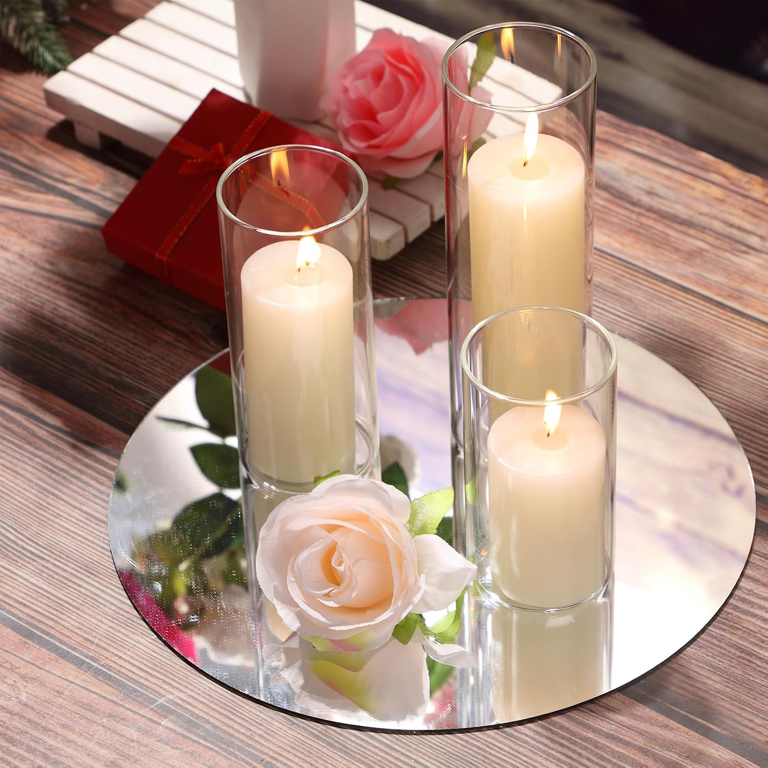 Shihanee 120 Pcs Pillar Candles and Glass Cylinder Vases Clear Cylinder Holders for Slim Pillar Candles Table Decoration (Ivory White)