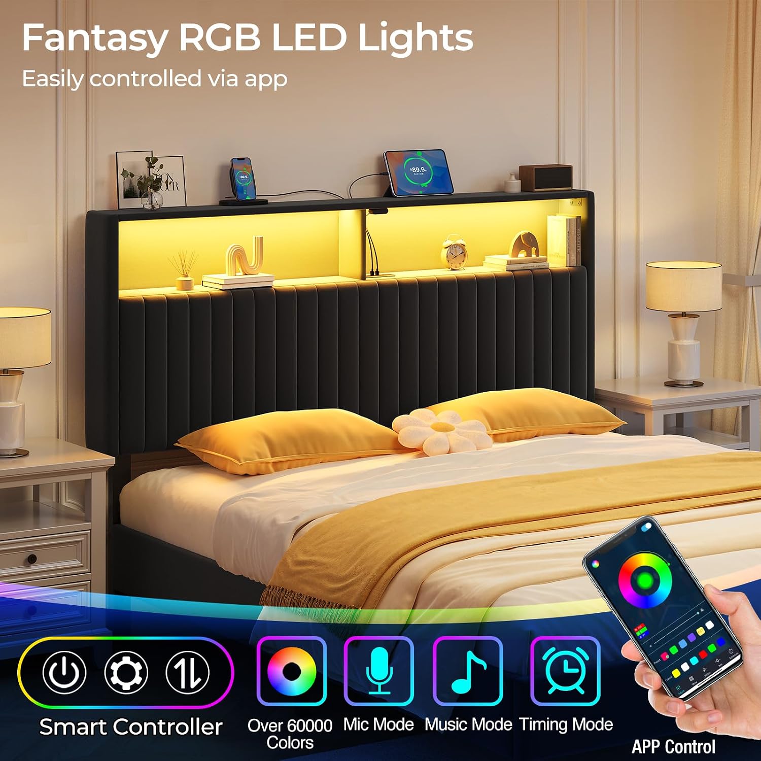 Rolanstar Headboard for Queen Size Bed with Storage, Head Board with USB & Type C Port, 60,000 DIY Color of LED Light, Velvet Upholstered, Height Adjustable, Sturdy, Easy Assembly, Black