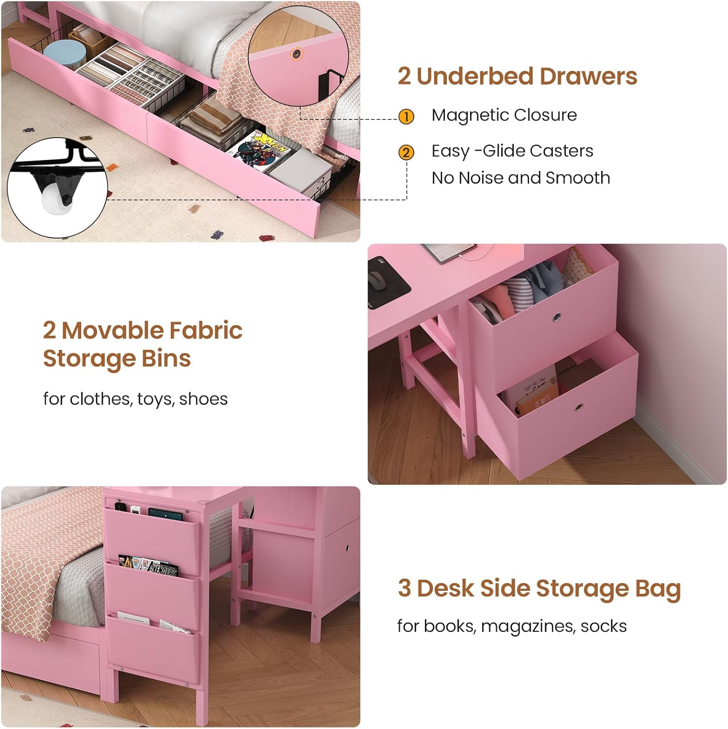 Hasuit Twin Corner Bed with Desk and Storage Bookcase, Daybed with 2 Drawers & 2 Storage Bins, Twin Size Platform Bed Frame with Charging Station and LED Light, Modern Teenagers Bedframe, Pink