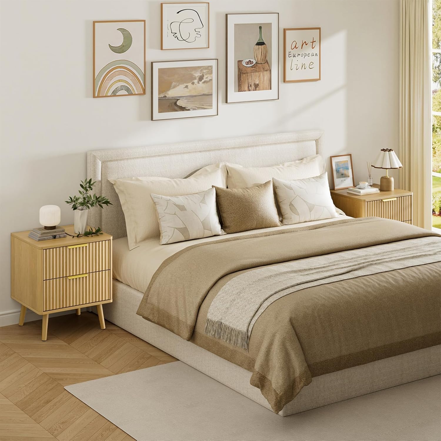 LYNSOM Fluted Dresser and Nightstand Sets 4 Piece, 2-Drawer Nightstands and 5/7 Drawers Dresser, Wood Bedroom Furniture Set for Home, Bedroom, Hallway, Oak
