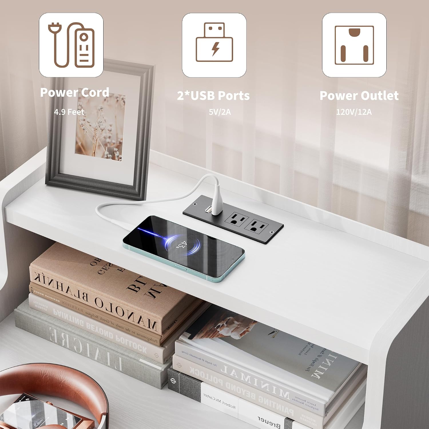 Rresyet Night Stand Set of 2, White Nightstand with Drawers 26.8' Modern End Table with Charging Station for Bedroom, Storage Upgrade & No-Handle Design