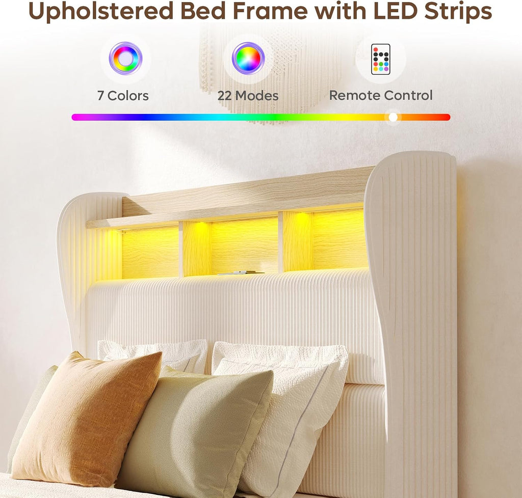 Bestier Queen Size Upholstered Wingback Bed Frame with 51' High Headboard Corduroy Fabric RGB LED Lights, Charging Station Dual Storage Shelves Modern Off White Platform Bed No Box Spring Needed