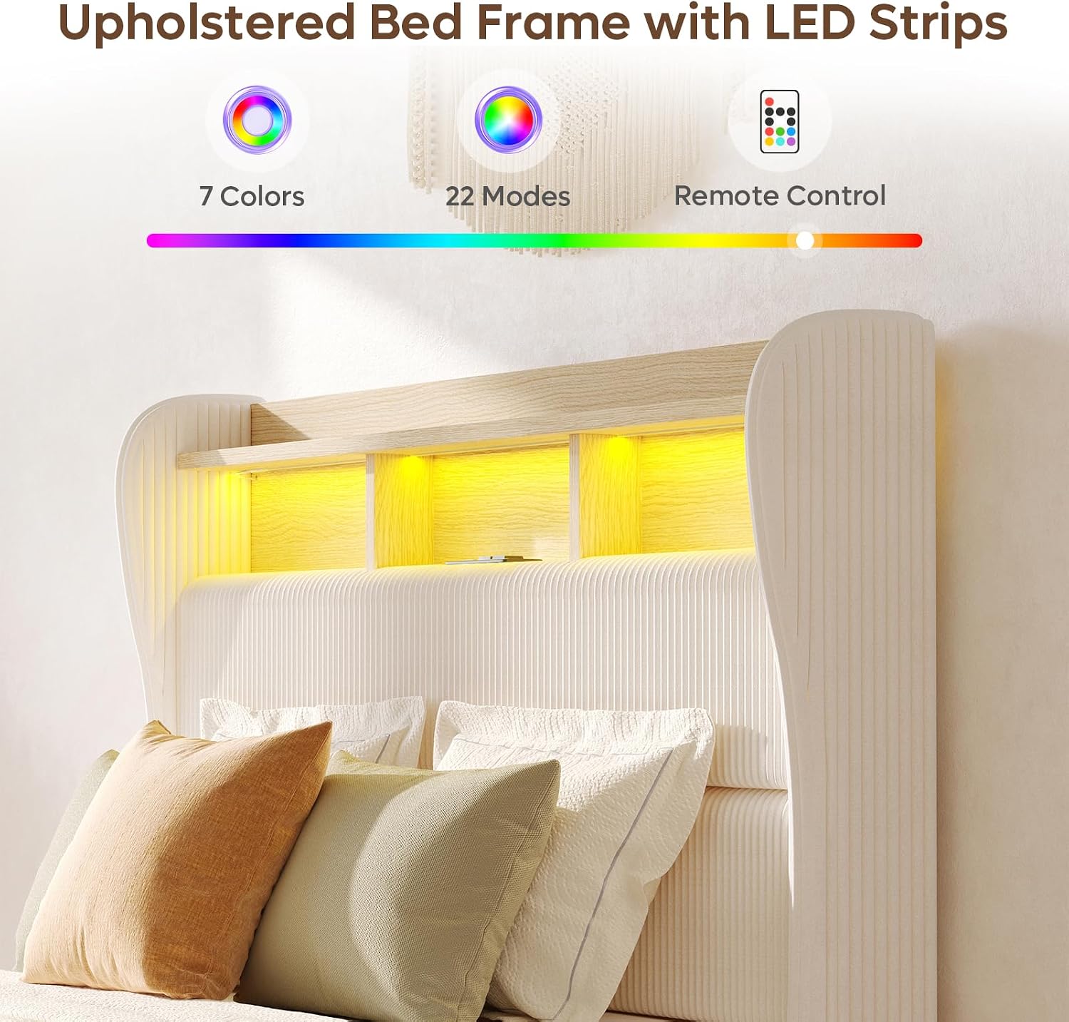 Bestier Queen Size Upholstered Wingback Bed Frame with 51' High Headboard Corduroy Fabric RGB LED Lights, Charging Station Dual Storage Shelves Modern Off White Platform Bed No Box Spring Needed