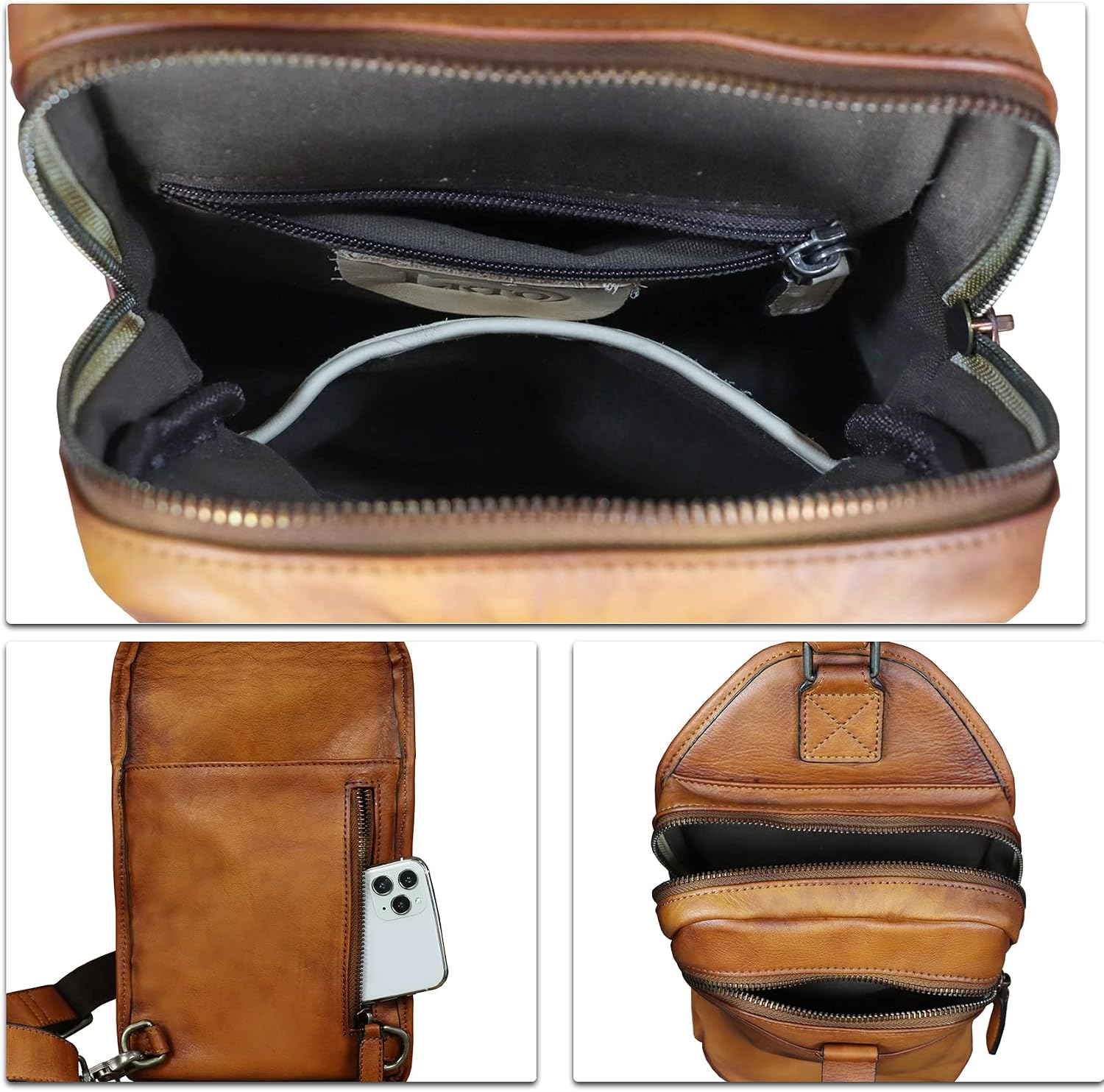 Genuine Leather Silng Bag for Men and Women Retro Leather Sling Backpack Purse Shoulder Crossbody Bag Chest Bag