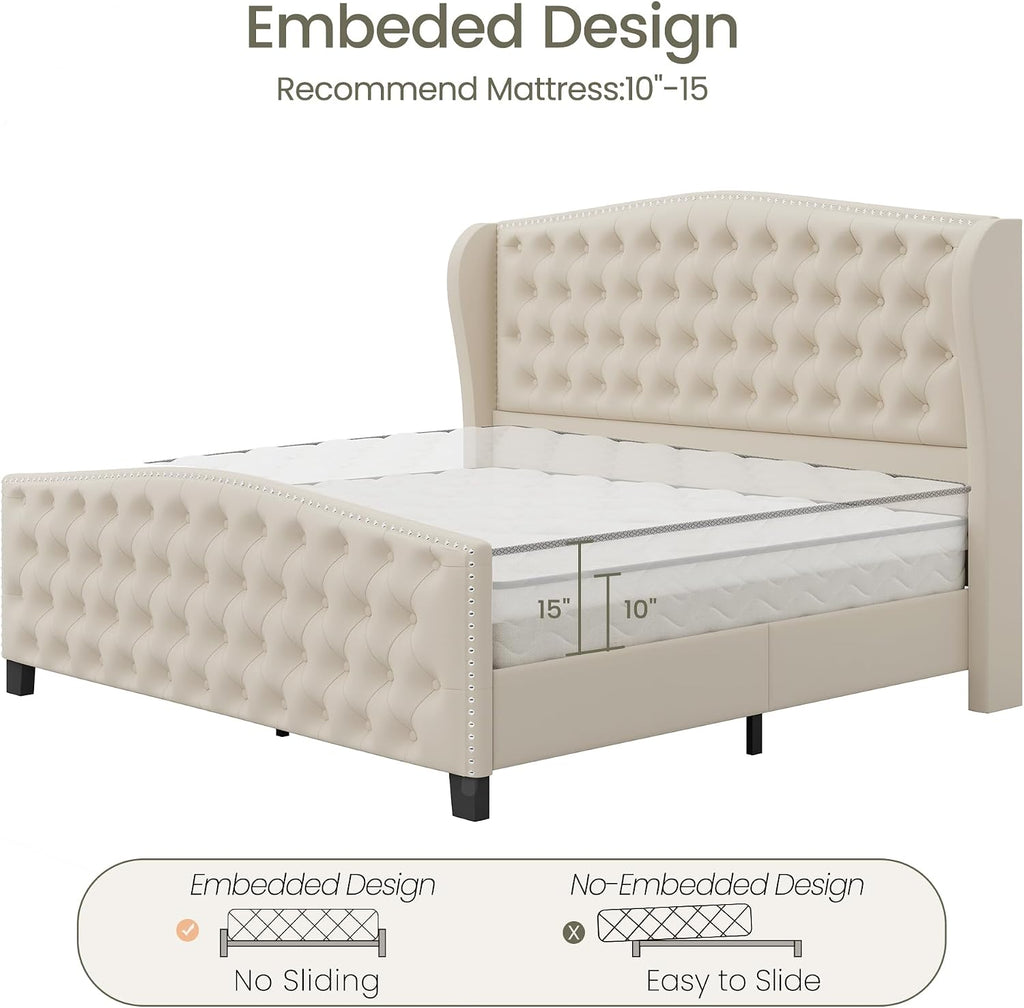 LARMACE King Size Bed Frame Velvet Upholstered Platform Bed with Wingback Headboard & Footbaord, Deep Button Tufted Bed Frame with Wood Slats Support, No Box Spring Needed, Beige