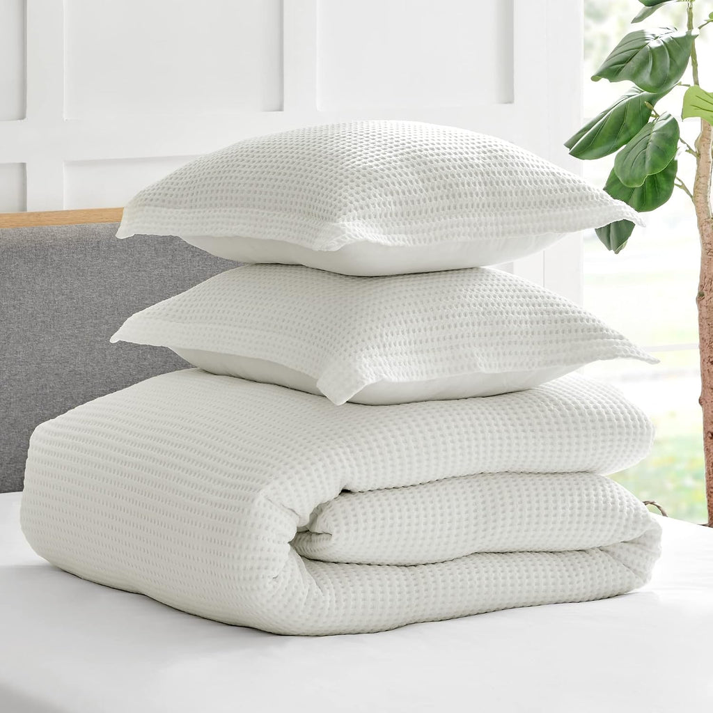 Levtex Home Mills Waffle Queen Duvet Cover Set (90x94in) with 2 Pillow Shams (26x20in) - Cream - 100% Cotton Queen Size Duvet Cover Set - Soft, Pre-Washed