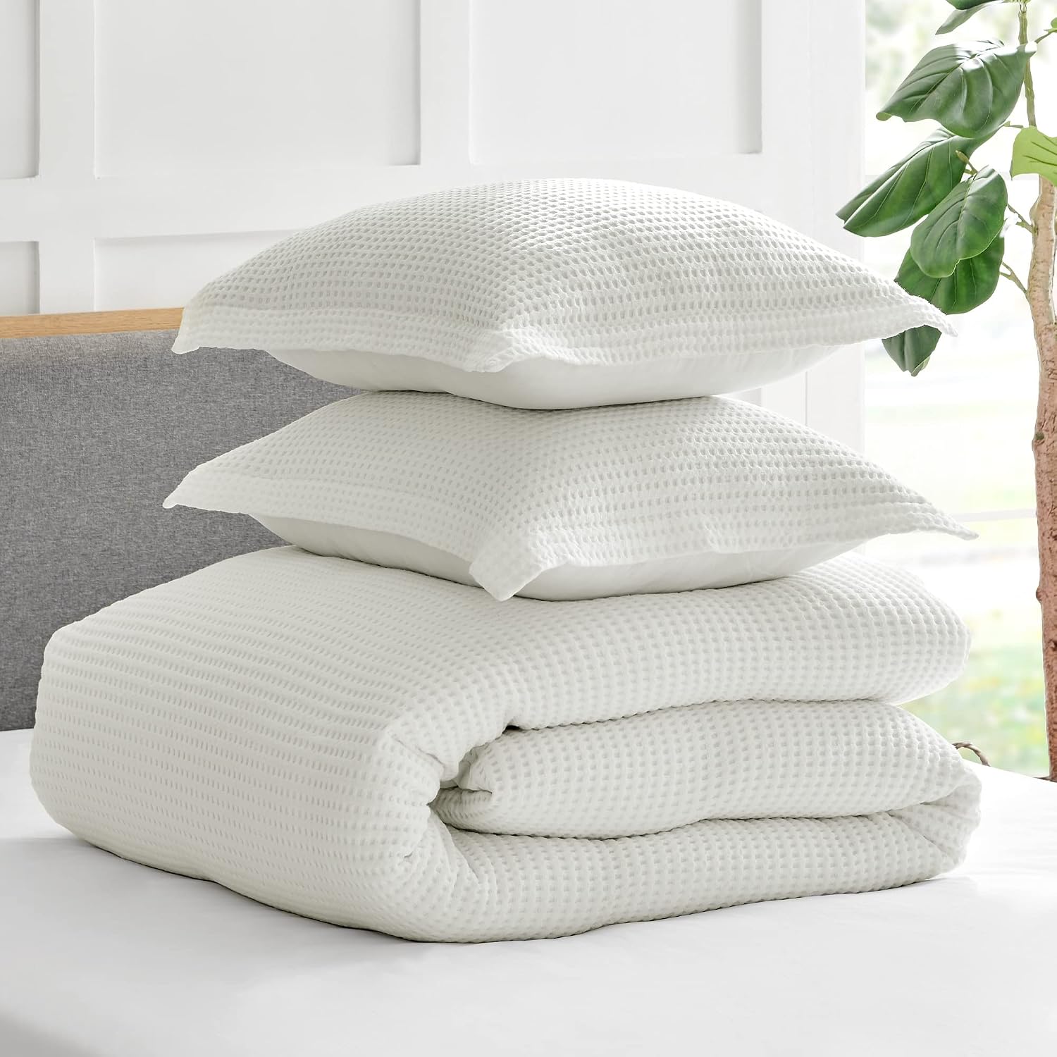 Levtex Home Mills Waffle Queen Duvet Cover Set (90x94in) with 2 Pillow Shams (26x20in) - Cream - 100% Cotton Queen Size Duvet Cover Set - Soft, Pre-Washed