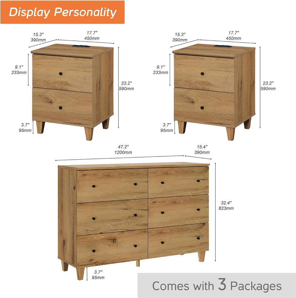 WAMPAT Dresser and Nightstands Set of 3, 47.2 Inches Wood Dresser with 6 Drawers, 2 Pieces Nightstands with Drawers and Charging Stations, Bedroom Furniture Set, Oak Brown