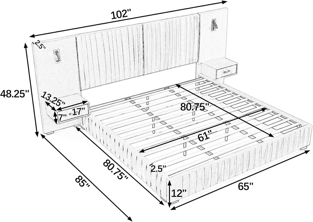 KEIKI Queen Size Chenille Bed Frame with 2 Nightstands, Lamps & Oversize Headboard, Solid Wood Frame Platform Night Stand Bedroom Set, Upholstered Floor Grounded Bed, No Box Spring Needed, Dark Grey