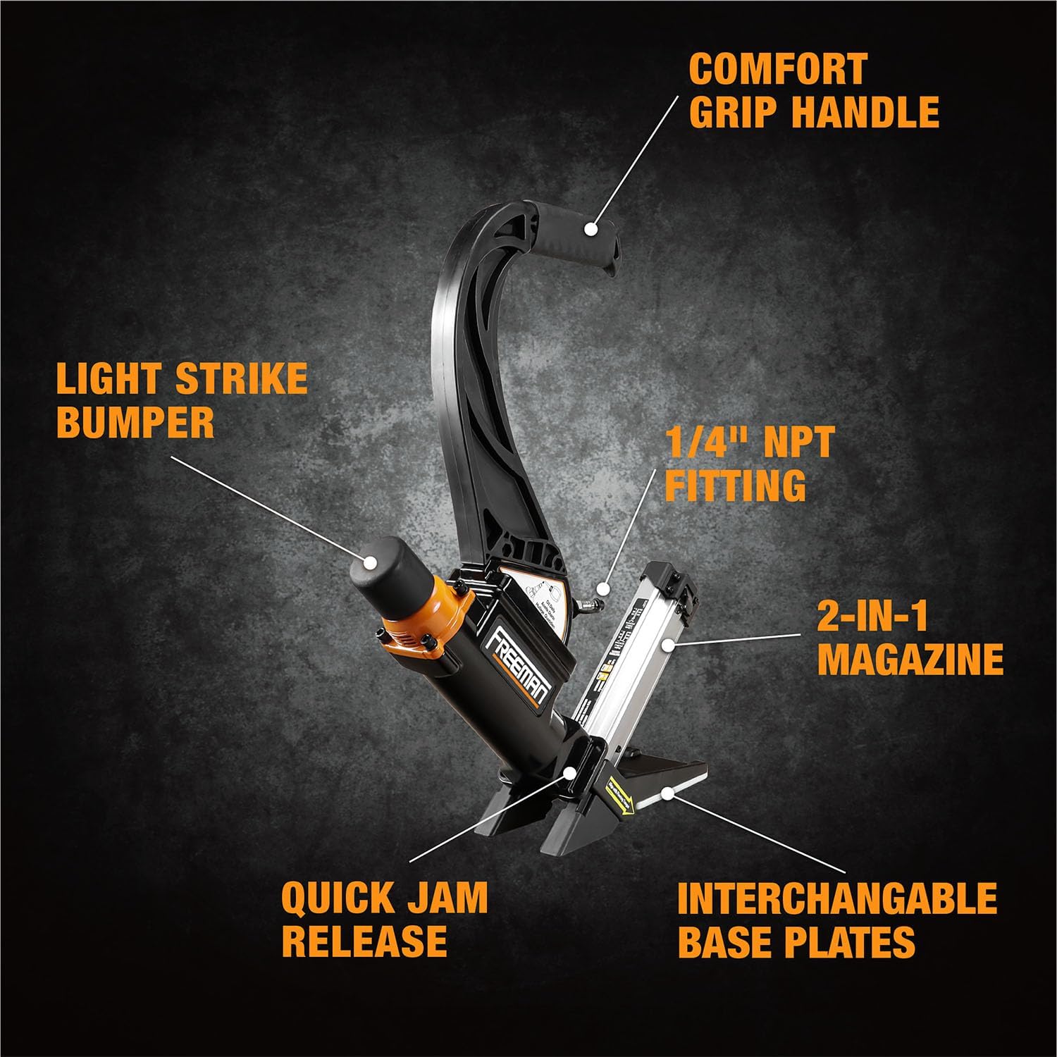 Freeman P50LSLW Lightweight Pneumatic 2-in-1 15.5-Gauge and 16-Gauge 2' Flooring Nailer/Stapler with Flooring Mallet and Interchangeable Base Plates