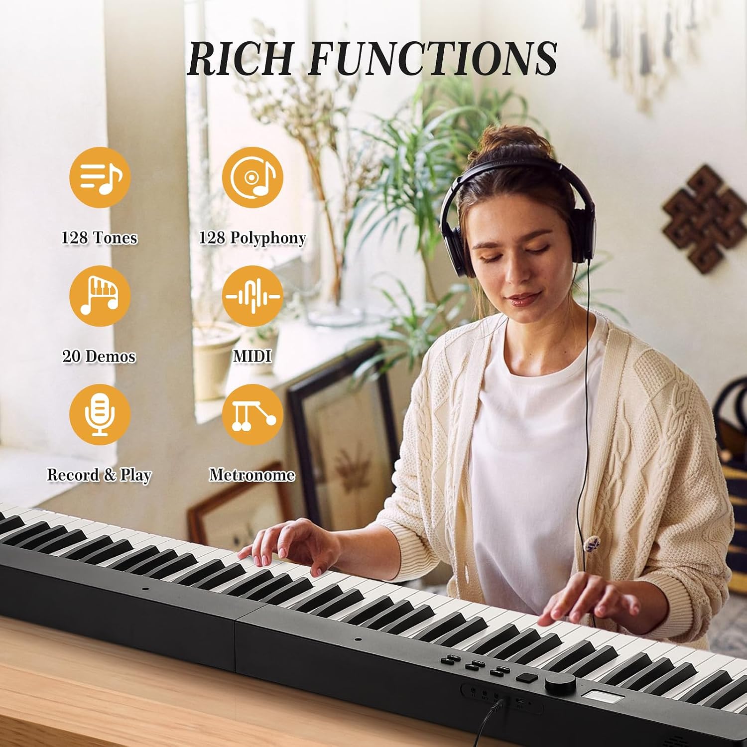 Home Digital Pianos, 88-Key Full-Size Semi-Weighted Folding Keyboard Piano, Portable Digital Piano with Headphones, Sustain Pedal, Power Adapter & Travel Case for Beginners and Adults