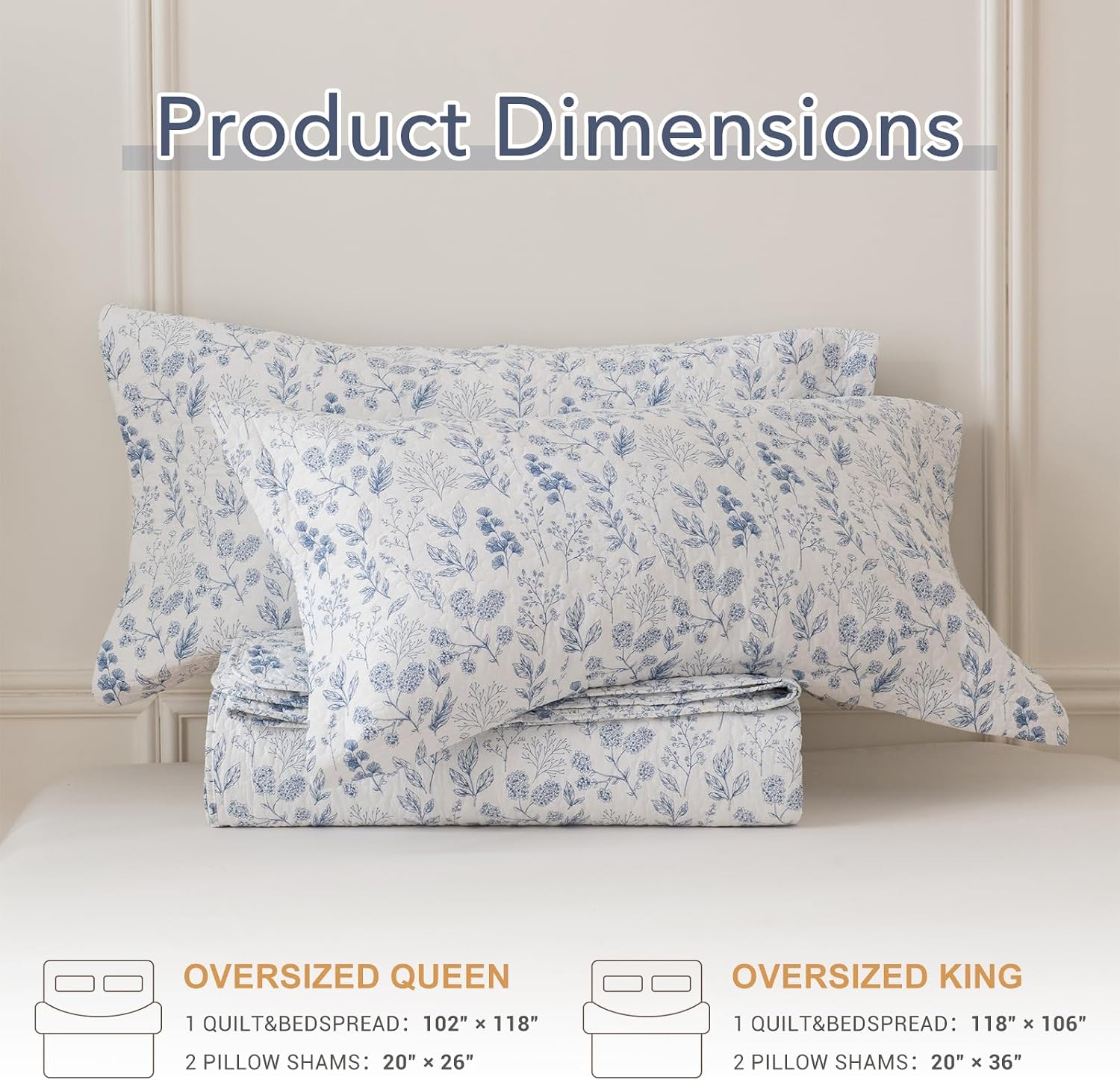 Lady Ann Oversized Queen Quilt Set, Blue and White Floral & Leaves Pattern Plant Botanical Printed Quilted 102x118 Bedspread Set, Vintage Coverlet Ultra Soft Cotton Coverlet with Pillow Shams, 3 PCS