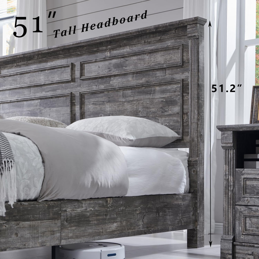 Aitjunz Farmhouse King Size Bed Frame with 51' Tall Headboard, Wood Platform Bed Frame with 20' Tall Roman Column Decoration Footboard & 3 Large Storage Drawers, No Box Spring Needed (Light Grey)