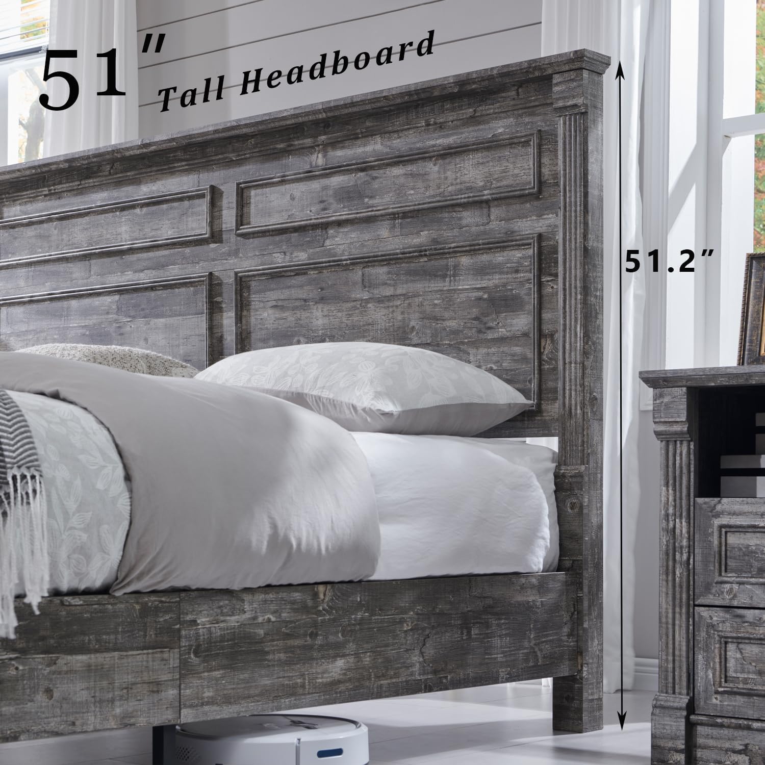 Aitjunz Farmhouse King Size Bed Frame with 51' Tall Headboard, Wood Platform Bed Frame with 20' Tall Roman Column Decoration Footboard & 3 Large Storage Drawers, No Box Spring Needed (Light Grey)