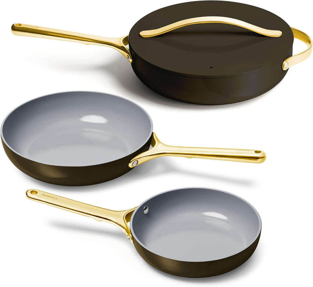 Caraway 4-Piece Fry Pan Set - Non-Stick Frying Pans (10.5' & 8') & Non-Stick Sauté Pan - Non Toxic, PTFE & PFOA Free - Oven Safe & Compatible with All Stovetops (Gas, Electric & Induction) - Black