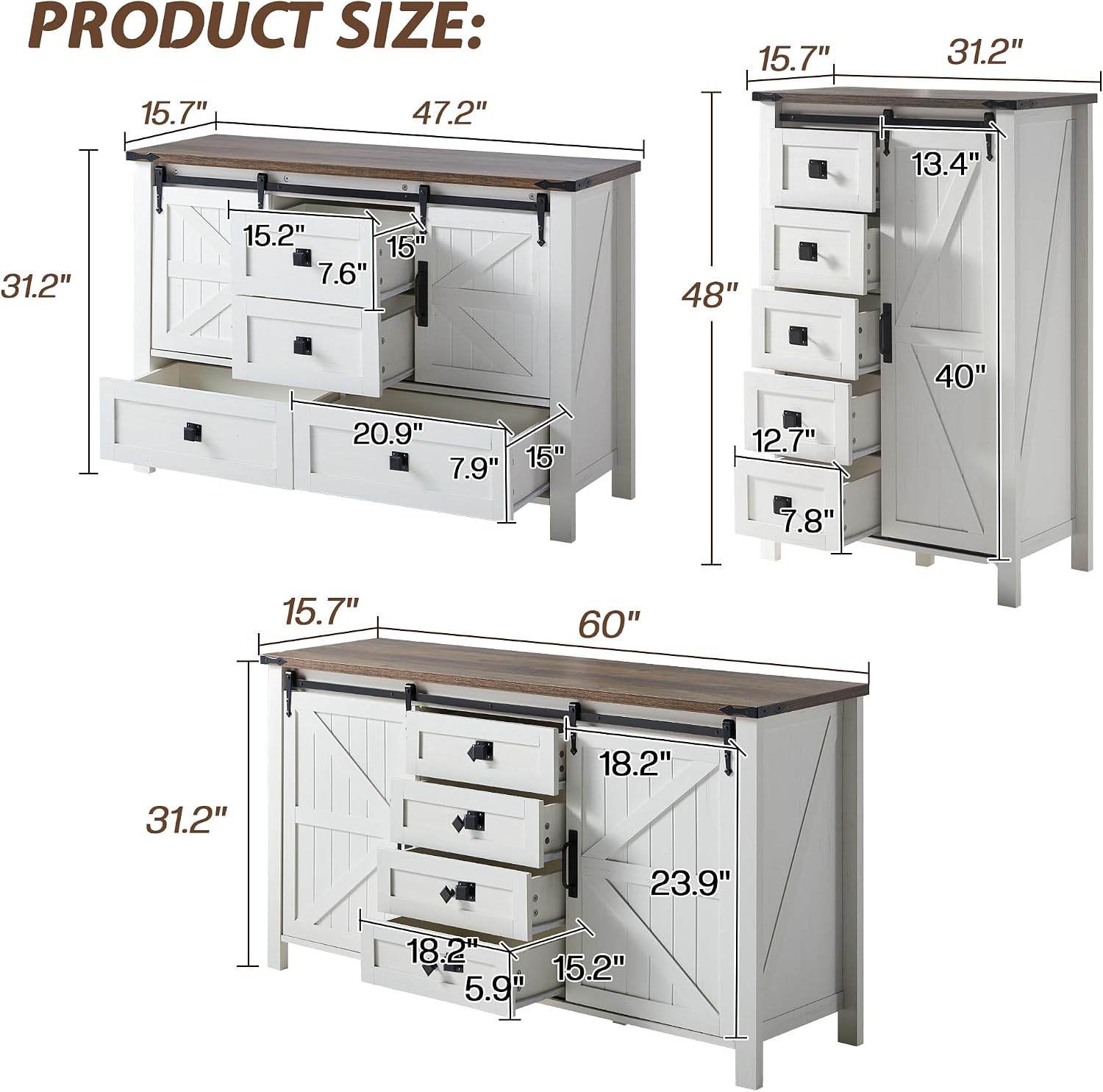 LUXOAK 3 Pieces Bedroom Set - Includes 60' Farmhouse Dresser, 48' Chest of Drawers with Sliding Barn Doors, 48' Tall Storage Cabinet with 5 Drawers, Rustic White