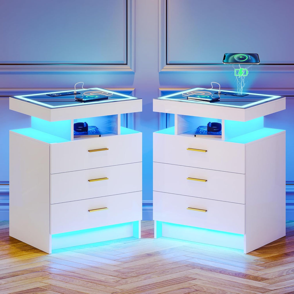 Lvifur 2 Set Nightstands with Wireless Charging Station, Auto Sensor 3 Color Dimmable LED Night Stand, Modern Bedside Table with 3 Drawers & 3 Open Compartments (White)