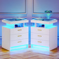 Lvifur 2 Set Nightstands with Wireless Charging Station, Auto Sensor 3 Color Dimmable LED Night Stand, Modern Bedside Table with 3 Drawers & 3 Open Compartments (White)