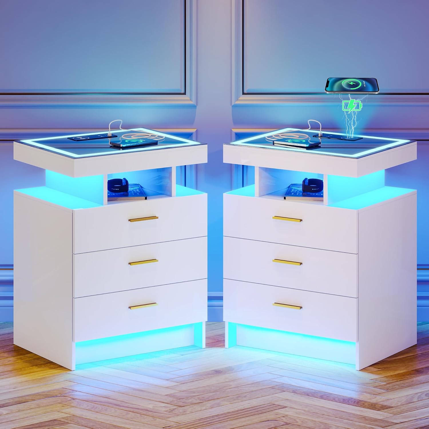 Lvifur 2 Set Nightstands with Wireless Charging Station, Auto Sensor 3 Color Dimmable LED Night Stand, Modern Bedside Table with 3 Drawers & 3 Open Compartments (White)