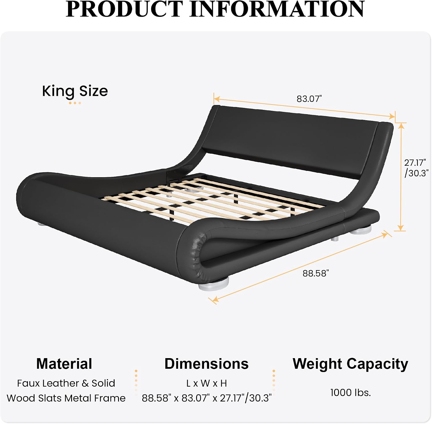 SHA CERLIN King Size Upholstered Bed Frame, Deluxe Low Profile Sleigh Bed with Faux Leather Ergonomics Headboard, No Box Spring Needed & Easy Assembly, Black