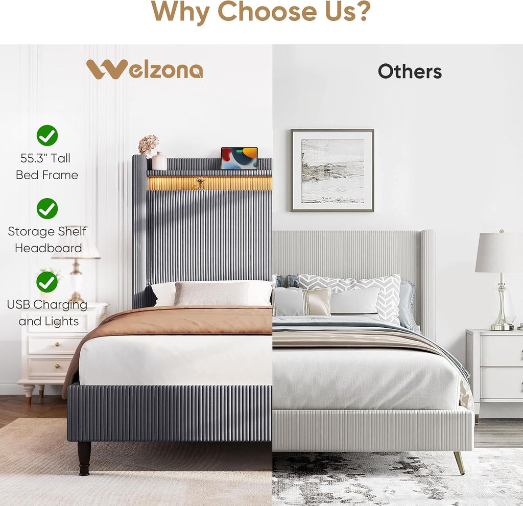 Queen Bed Frame with Tall Headboard, 55.3' Upholstered Platform Bed with LED Lights & Charging Station, Elegant Corduroy Bedframe, 2-tier Storage Wingback Headboard, No Box Spring Needed, Dark Grey