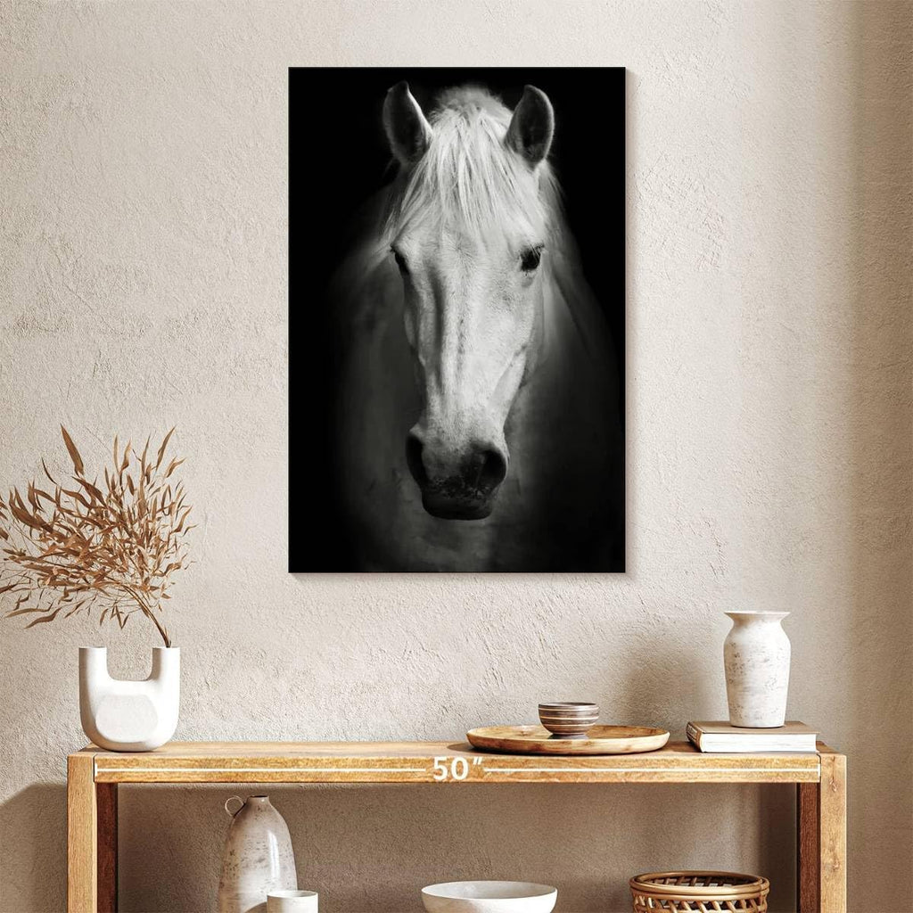 ElephantStock - White Thoroughbred Horse Wall Art - Vertical Canvas Wall Art - Living Room Wall Decor - Photography Animal Canvas Art - Black And White Decor - 24' x 36'