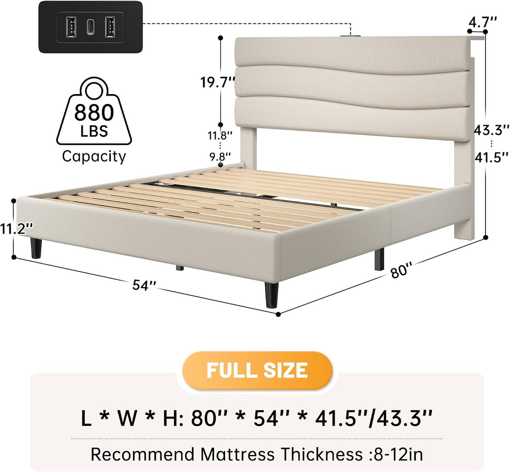 EnHomee Full Size Bed Frame with Adjustable Height Upholstered Headboard, 3 USB Charging Ports, Noise-Free Platform Bed, No Box Spring Needed, Beige